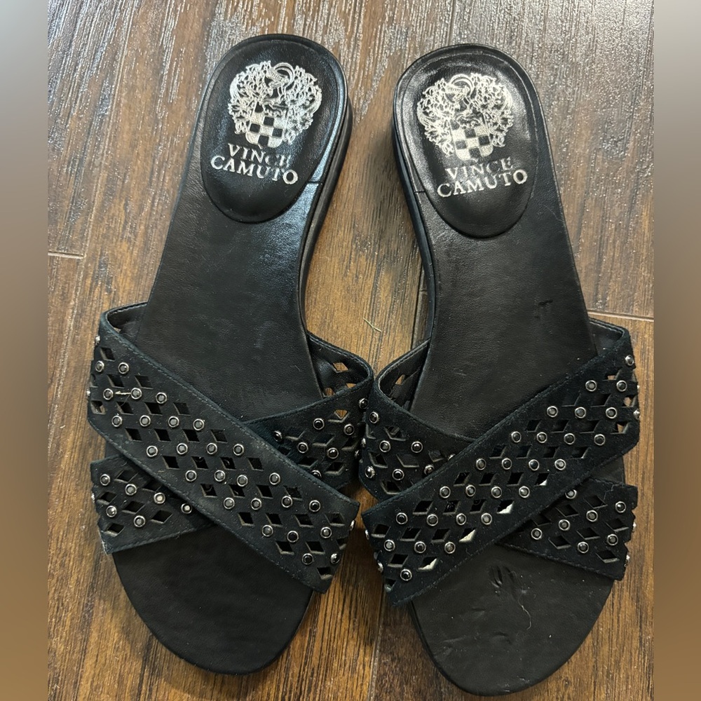 vince camuto black  leather upper studded slip on sandals size 6